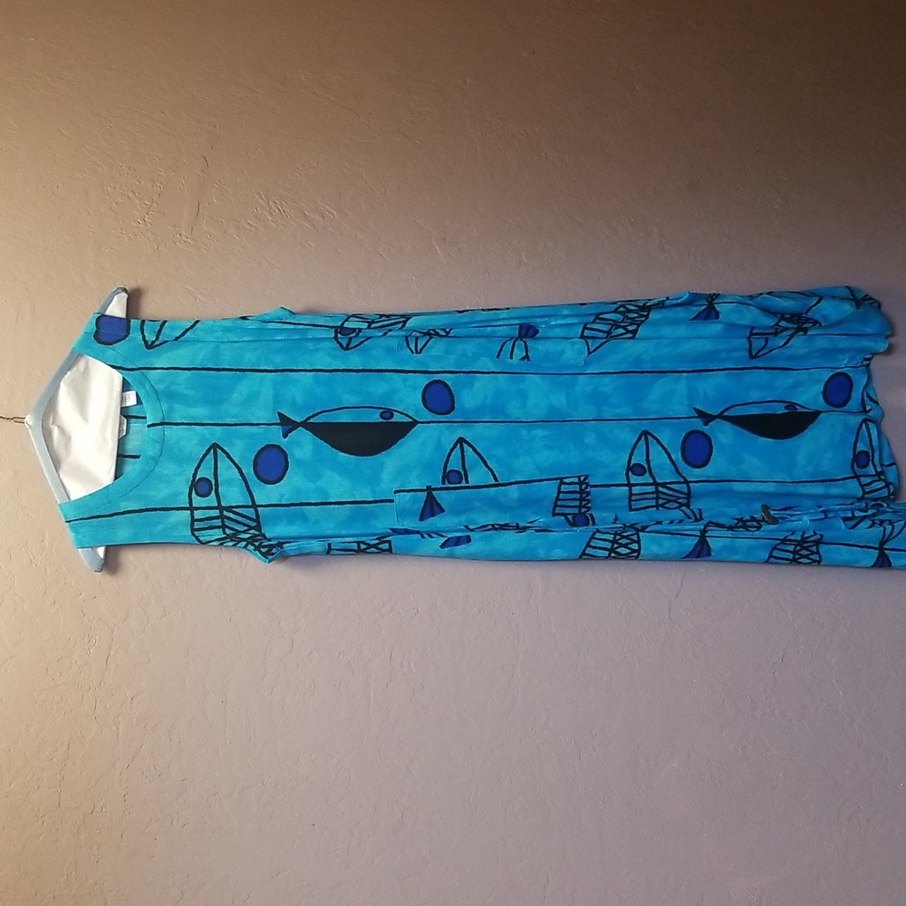 KAKTUS Sz S Turquoise, Blue, Black with Fish design Maxi. EUC, CL# 24